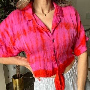 Foster Orange Pink Cropped Top Blouse Short Sleeves Tie Dye Front Tied Size S